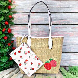 Kate Spade Picnic In The Park Tote Shoulder Bag Leather Strawberry Wristlet NWT